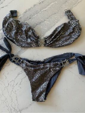 Beach Bunny Black Sequin Bikini with Crystal Rings